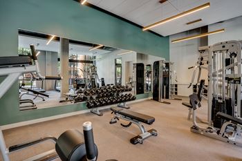 a gym with weights and cardio equipment on the floor and a wall of windows at Marquee, Minneapolis, Minnesota